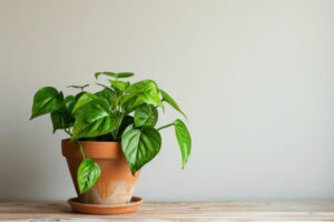 Plante de pothos aux feuilles vert vif dans un pot en terre cuite sur une table en bois, devant un mur gris uni