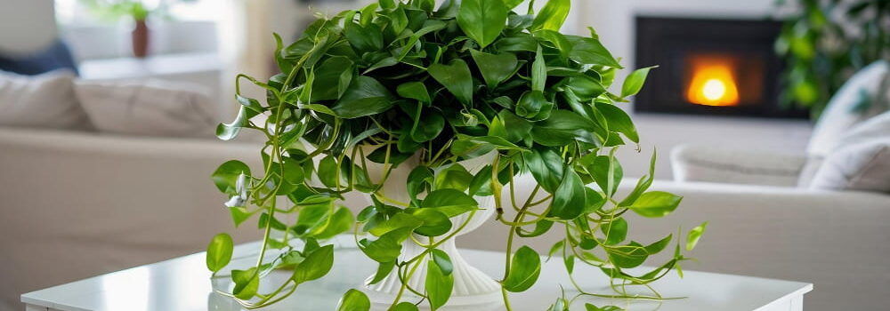 Plante de pothos luxuriante avec des vignes retombantes, présentée dans un pot décoratif blanc sur une table à manger moderne, dans un salon lumineux avec cheminée.
