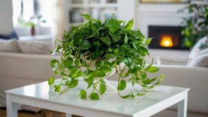 Plante de pothos luxuriante avec des vignes retombantes, présentée dans un pot décoratif blanc sur une table à manger moderne, dans un salon lumineux avec cheminée.