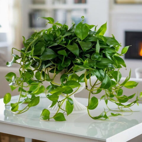 Plante de pothos luxuriante avec des vignes retombantes, présentée dans un pot décoratif blanc sur une table à manger moderne, dans un salon lumineux avec cheminée.
