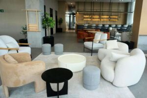 Salon avec des canapé et des coussins.