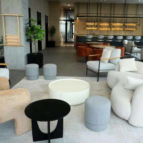 Salon avec des canapé et des coussins.