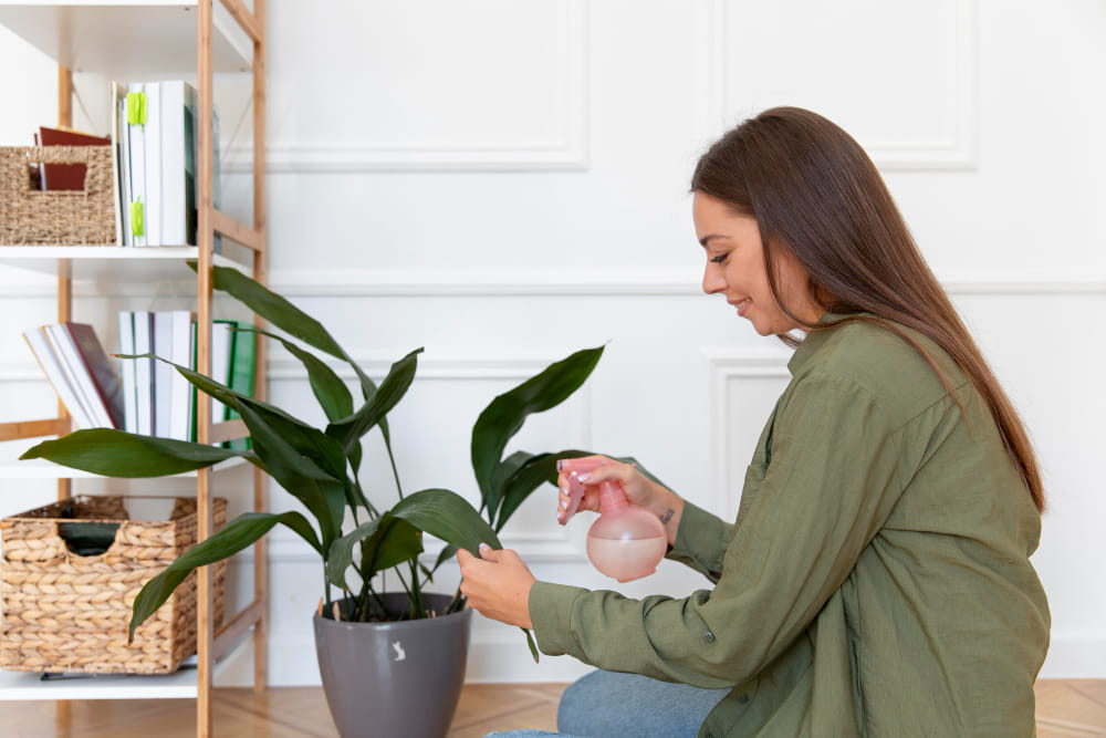 Une femme sourit en vaporisant de l'eau sur une grande plante d'intérieur verte en pot au sol.