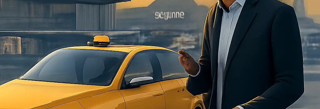 Illustration d’un voyageur qui anticipe sa prise en charge en taxi à Paris. Le visuel évoque la fiabilité, la réservation en ligne et les transferts vers gares et aéroports.