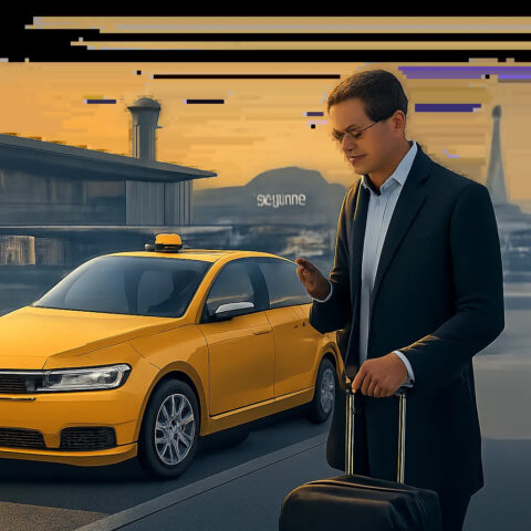 Illustration d’un voyageur qui anticipe sa prise en charge en taxi à Paris. Le visuel évoque la fiabilité, la réservation en ligne et les transferts vers gares et aéroports.