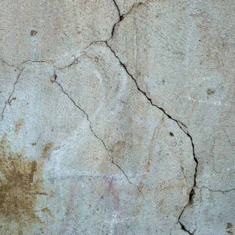Mur de béton avec fissures et taches d’humidité