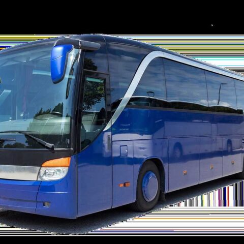 Un bus de tourisme bleu avec vitres teintées et rétroviseurs latéraux