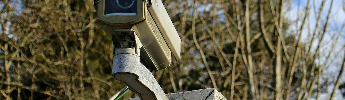 Caméra de surveillance fixée sur un mur, arbres derrière