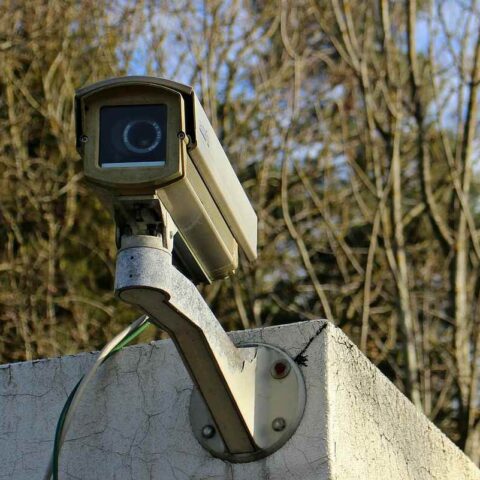 Caméra de surveillance fixée sur un mur, arbres derrière